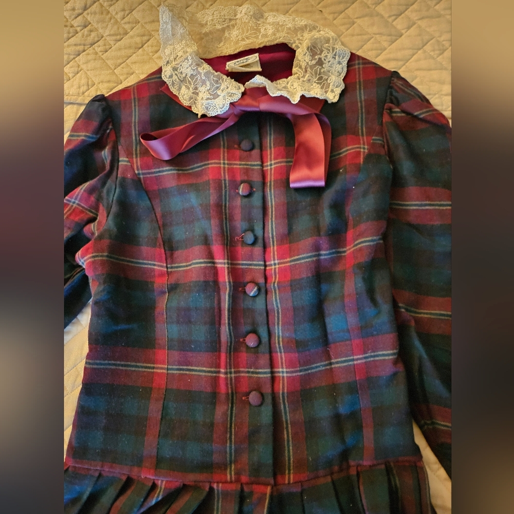 Laura Ashley Burgundy Plaid Dress with Lace Detail
